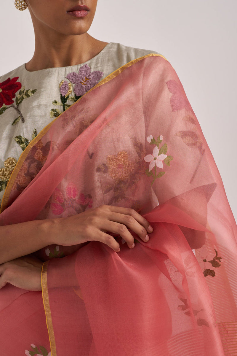 Ravya Sari-Rust handwoven mulberry silk and organza silk by Suparna Som in rust for women Worldwide