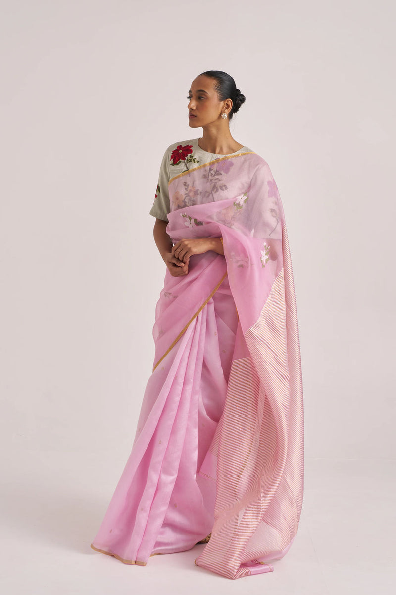 Ravya Sari-Pink handwoven mulberry silk and organza silk by Suparna Som in pink for women Worldwide