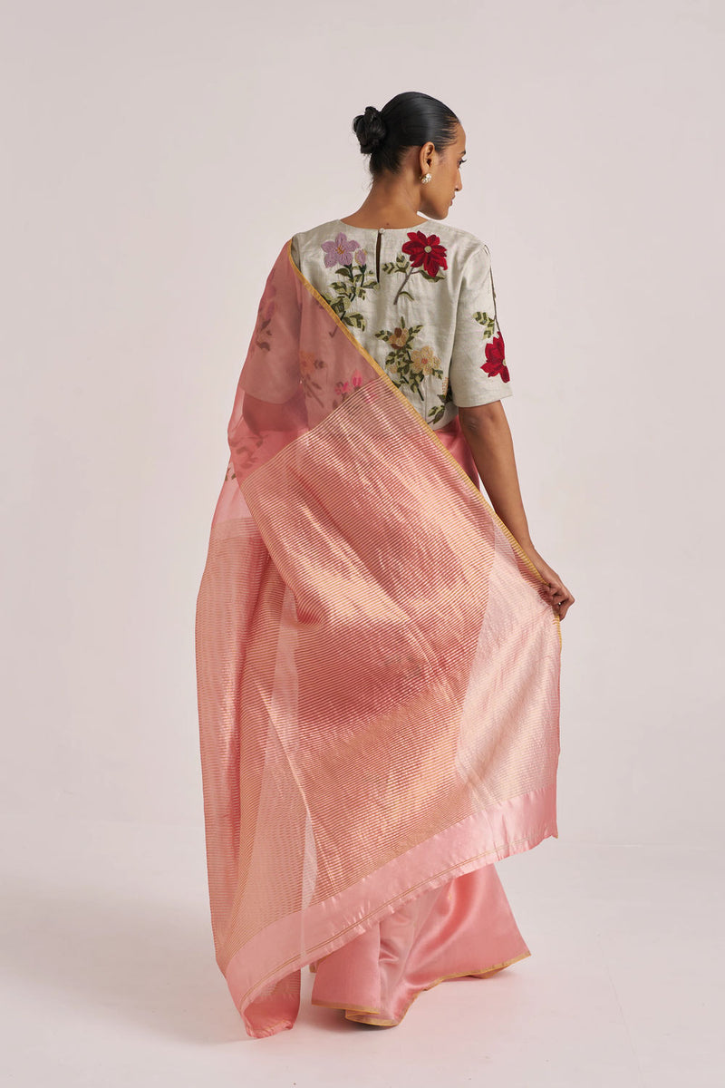 Ravya Sari-Rust handwoven mulberry silk and organza silk by Suparna Som in rust for women Worldwide