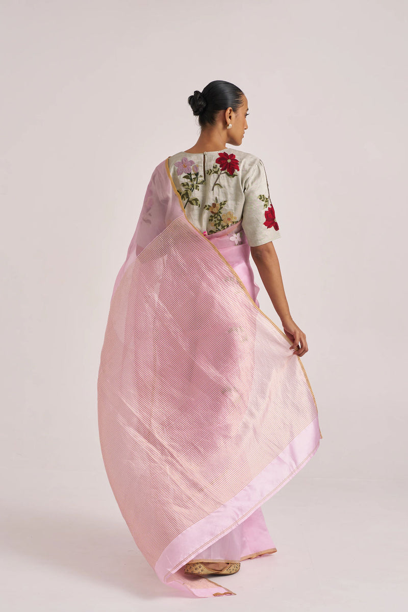 Ravya Sari-Pink handwoven mulberry silk and organza silk by Suparna Som in pink for women Worldwide