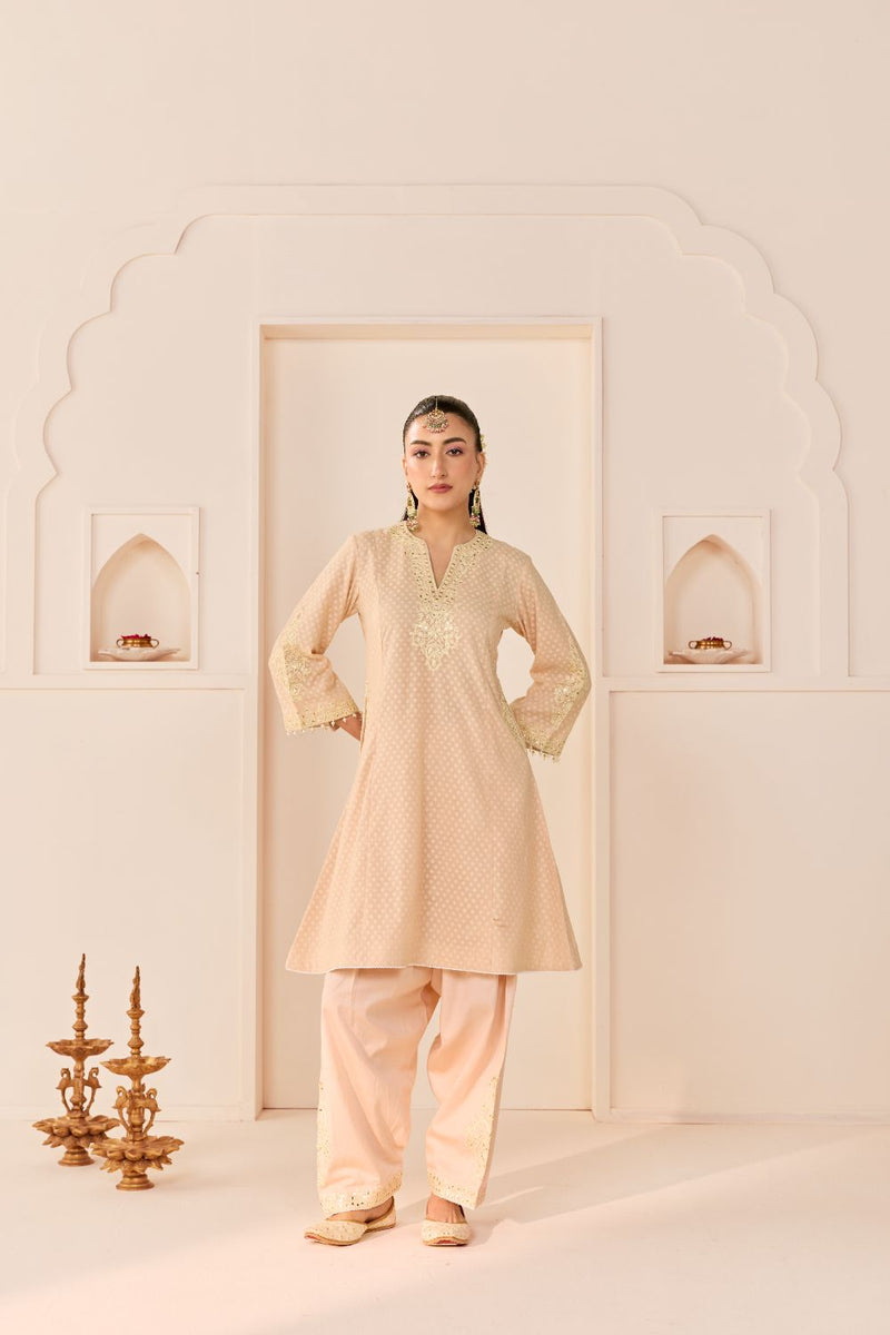 REEM - CARNATION PINK SHORT CHOGA WITH DOGRI SALWAR chanderi silk kurta/kurta set by SHEETAL BATRA in carnation pink with daisy ivory for women Worldwide
