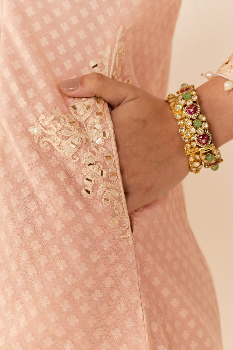 REEM - CARNATION PINK SHORT CHOGA WITH DOGRI SALWAR chanderi silk kurta/kurta set by SHEETAL BATRA in carnation pink with daisy ivory for women Worldwide