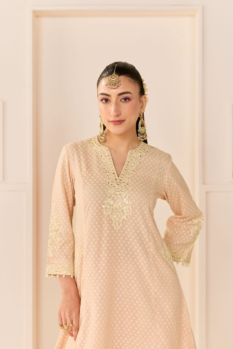 REEM - CARNATION PINK SHORT CHOGA WITH DOGRI SALWAR chanderi silk kurta/kurta set by SHEETAL BATRA in carnation pink with daisy ivory for women Worldwide
