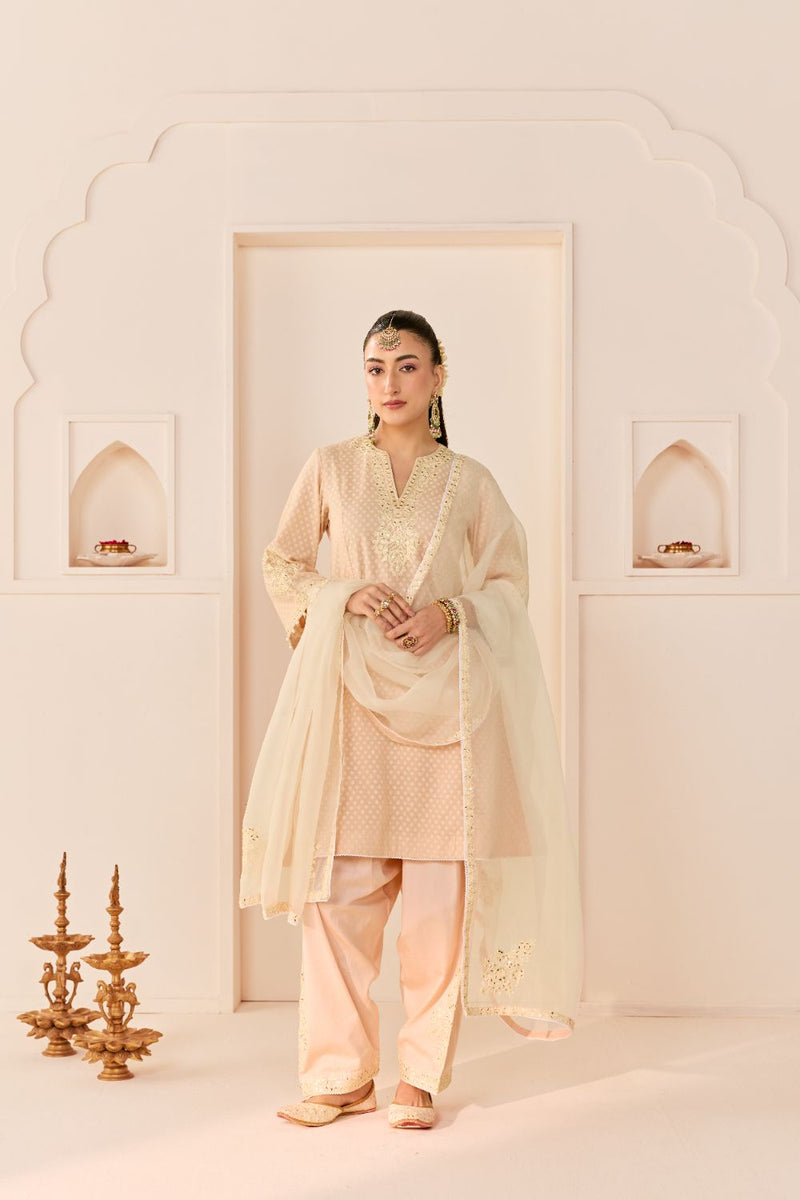 REEM - CARNATION PINK SHORT CHOGA WITH DOGRI SALWAR chanderi silk kurta/kurta set by SHEETAL BATRA in carnation pink with daisy ivory for women Worldwide