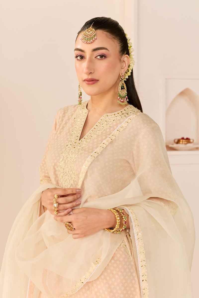 REEM - CARNATION PINK SHORT CHOGA WITH DOGRI SALWAR chanderi silk kurta/kurta set by SHEETAL BATRA in carnation pink with daisy ivory for women Worldwide