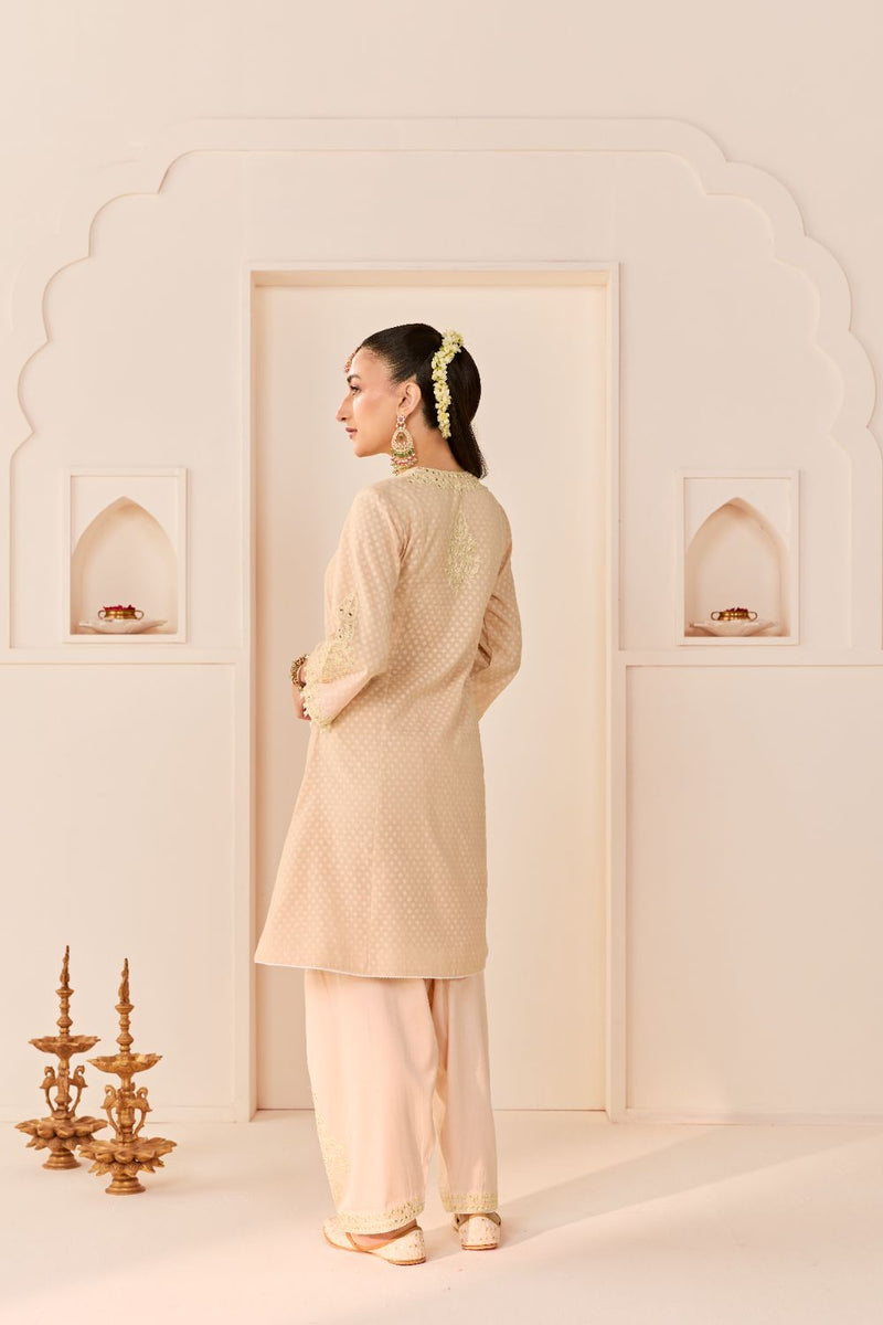 REEM - CARNATION PINK SHORT CHOGA WITH DOGRI SALWAR chanderi silk kurta/kurta set by SHEETAL BATRA in carnation pink with daisy ivory for women Worldwide