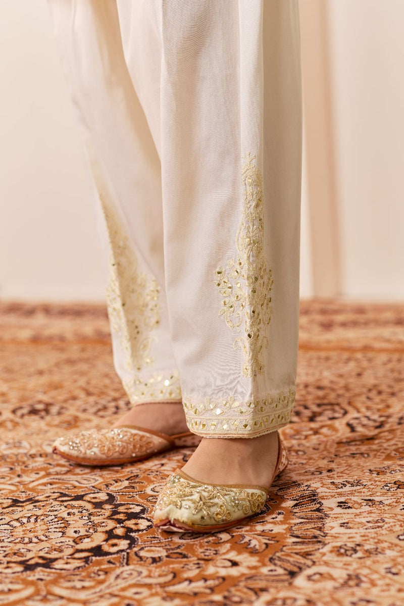 REEM - DAISY IVORY SHORT CHOGA WITH DOGRI SALWAR chanderi silk kurta/kurta set by SHEETAL BATRA in daisy iovry with carnation pink for women Worldwide