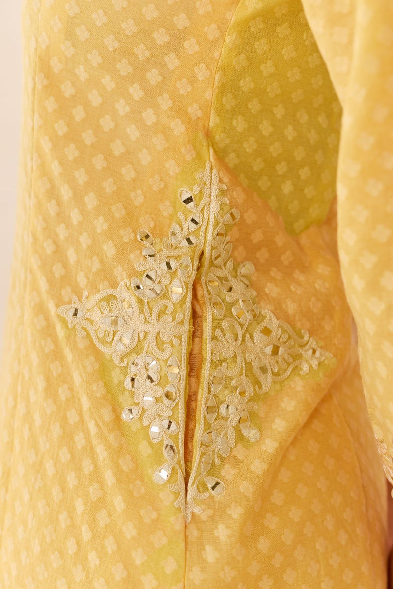 REEM - LEMON YELLOW SHORT CHOGA WITH DOGRI SALWAR chanderi silk kurta/kurta set by SHEETAL BATRA in lemon yellow with mint green for women Worldwide