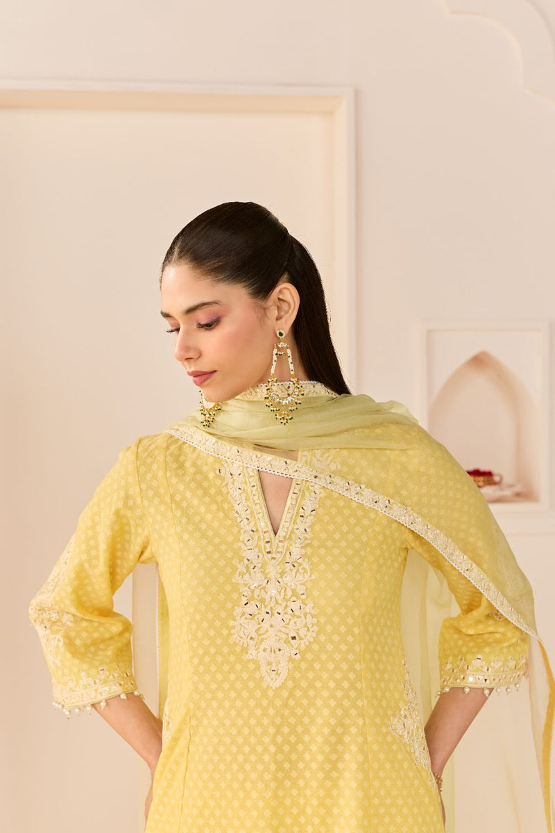 REEM - LEMON YELLOW SHORT CHOGA WITH DOGRI SALWAR chanderi silk kurta/kurta set by SHEETAL BATRA in lemon yellow with mint green for women Worldwide