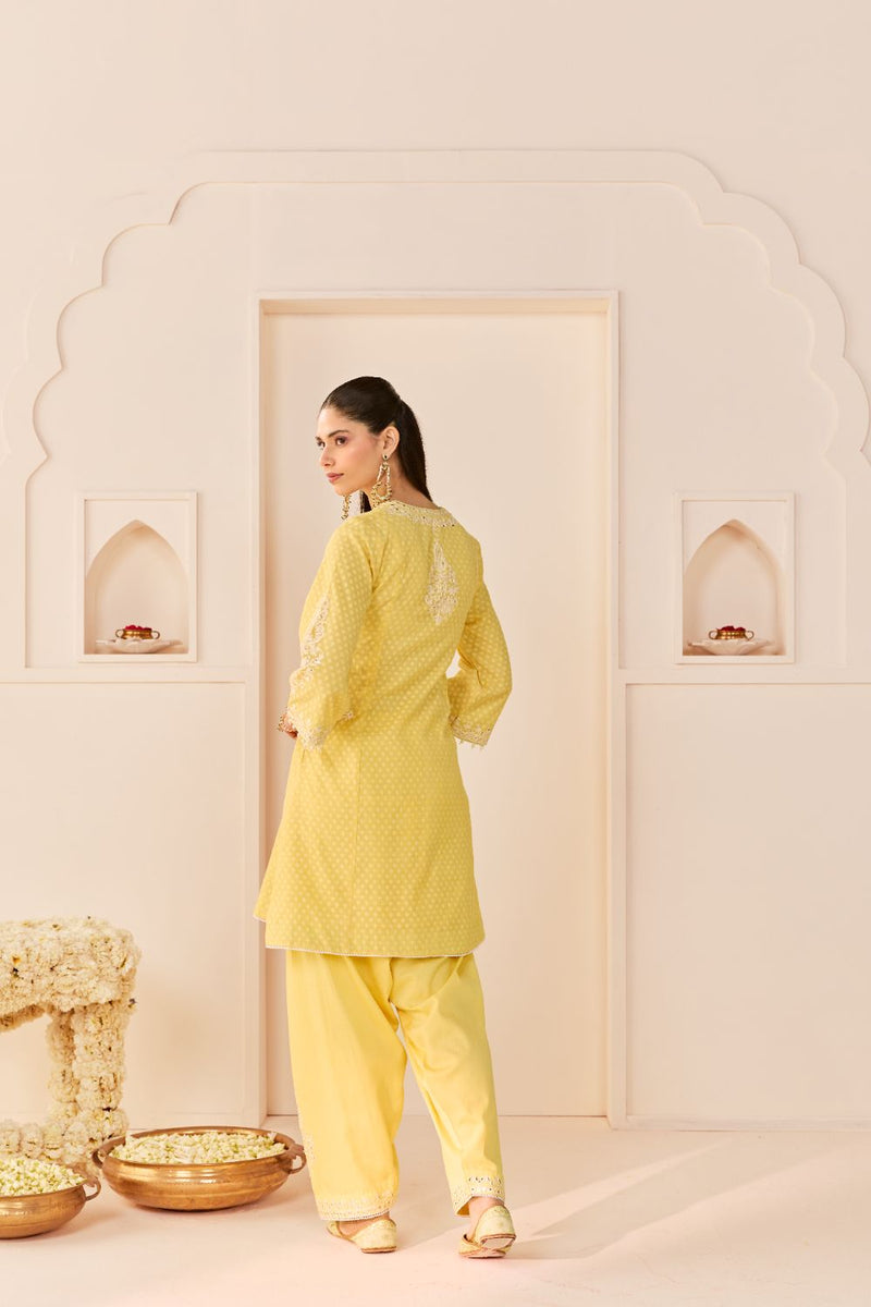 REEM - LEMON YELLOW SHORT CHOGA WITH DOGRI SALWAR chanderi silk kurta/kurta set by SHEETAL BATRA in lemon yellow with mint green for women Worldwide