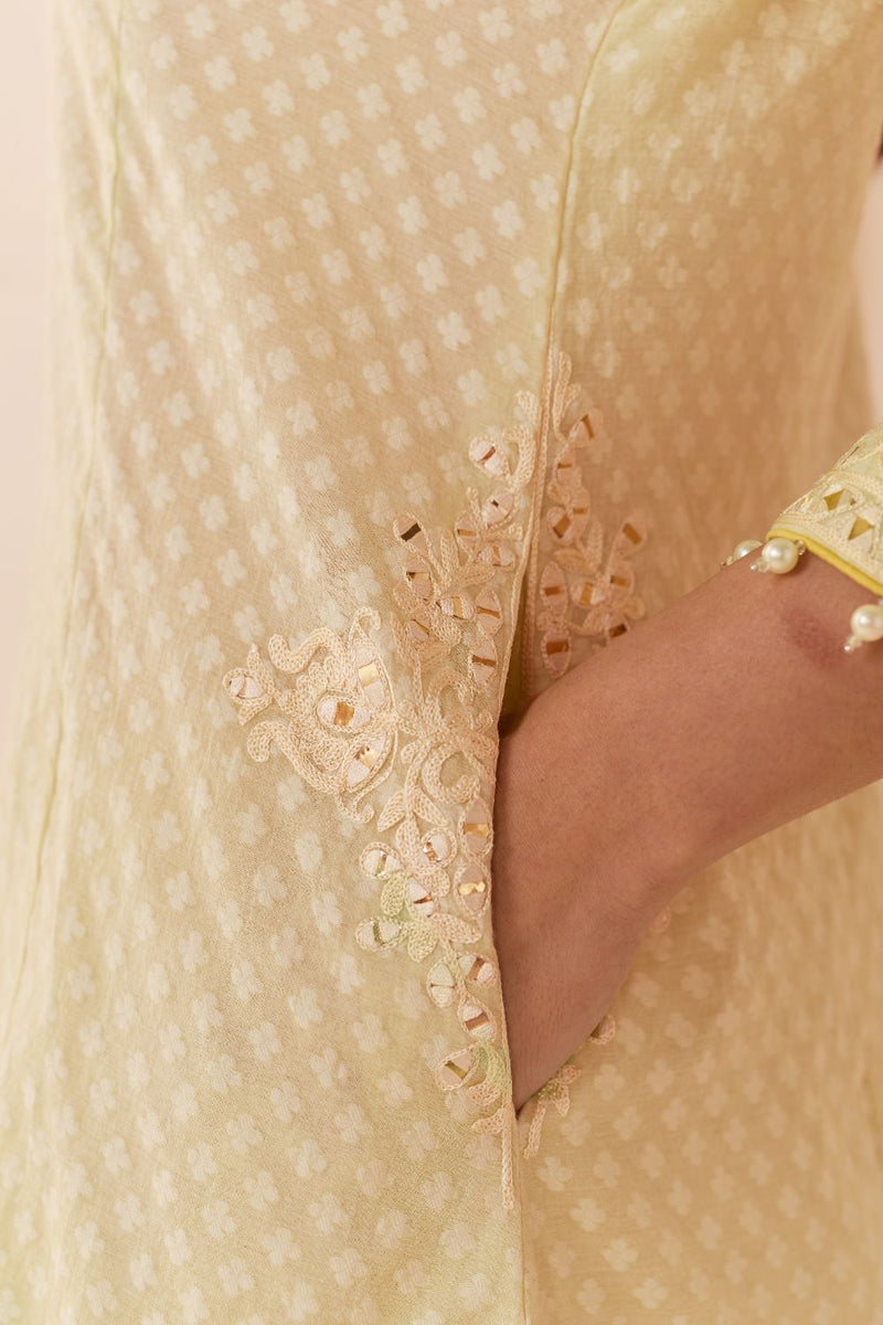 REEM - MINT GREEN SHORT CHOGA WITH DOGRI SALWAR chanderi silk kurta/kurta set by SHEETAL BATRA in mint green with lemon yellow for women Worldwide