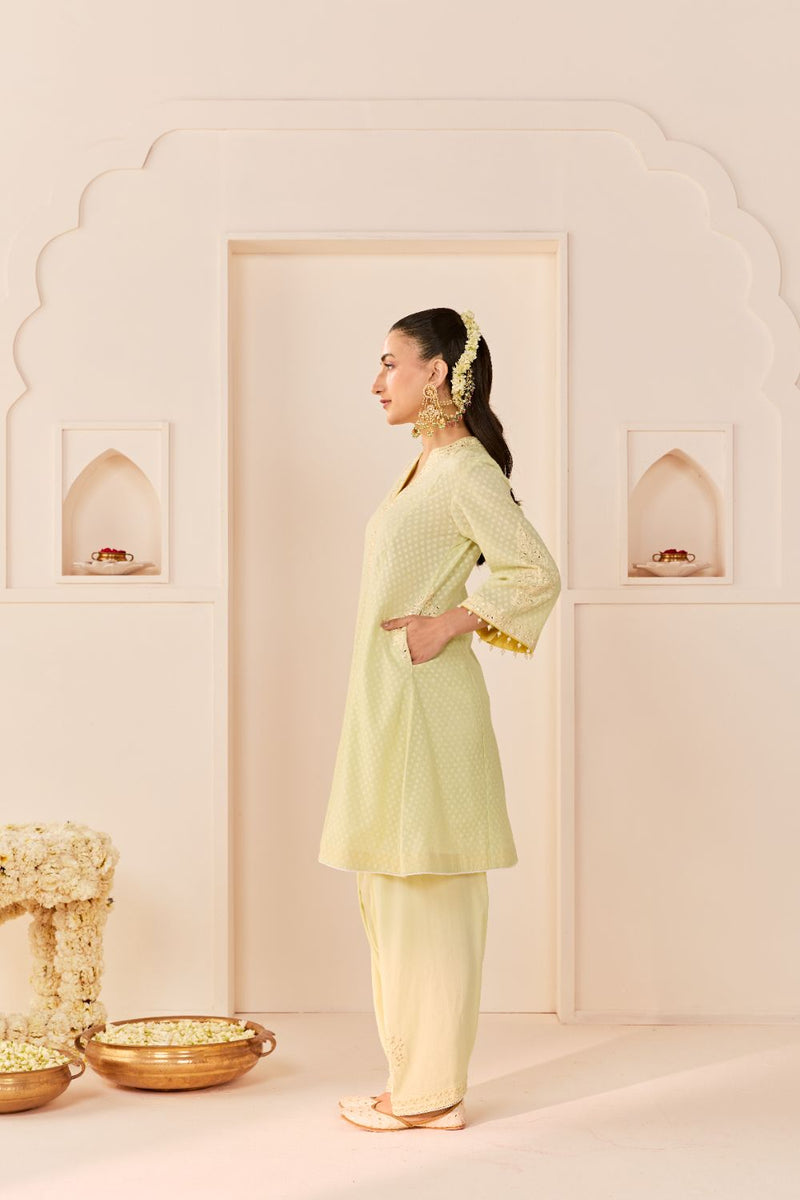 REEM - MINT GREEN SHORT CHOGA WITH DOGRI SALWAR chanderi silk kurta/kurta set by SHEETAL BATRA in mint green with lemon yellow for women Worldwide