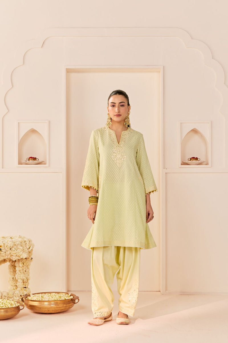 REEM - MINT GREEN SHORT CHOGA WITH DOGRI SALWAR chanderi silk kurta/kurta set by SHEETAL BATRA in mint green with lemon yellow for women Worldwide
