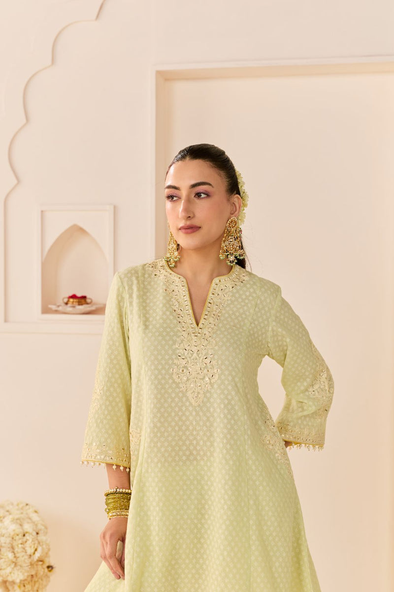 REEM - MINT GREEN SHORT CHOGA WITH DOGRI SALWAR chanderi silk kurta/kurta set by SHEETAL BATRA in mint green with lemon yellow for women Worldwide