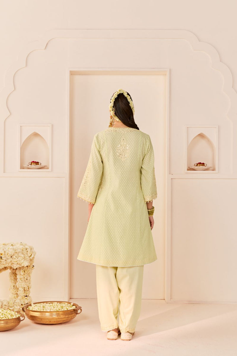 REEM - MINT GREEN SHORT CHOGA WITH DOGRI SALWAR chanderi silk kurta/kurta set by SHEETAL BATRA in mint green with lemon yellow for women Worldwide