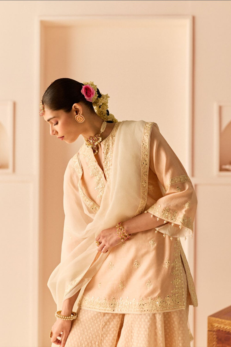 REHMA - CARNATION PINK SHORT KURTA WITH SHARARA AND DUPATTA chanderi silk kurta/kurta set by SHEETAL BATRA in carnation pink with daisy ivory for women Worldwide