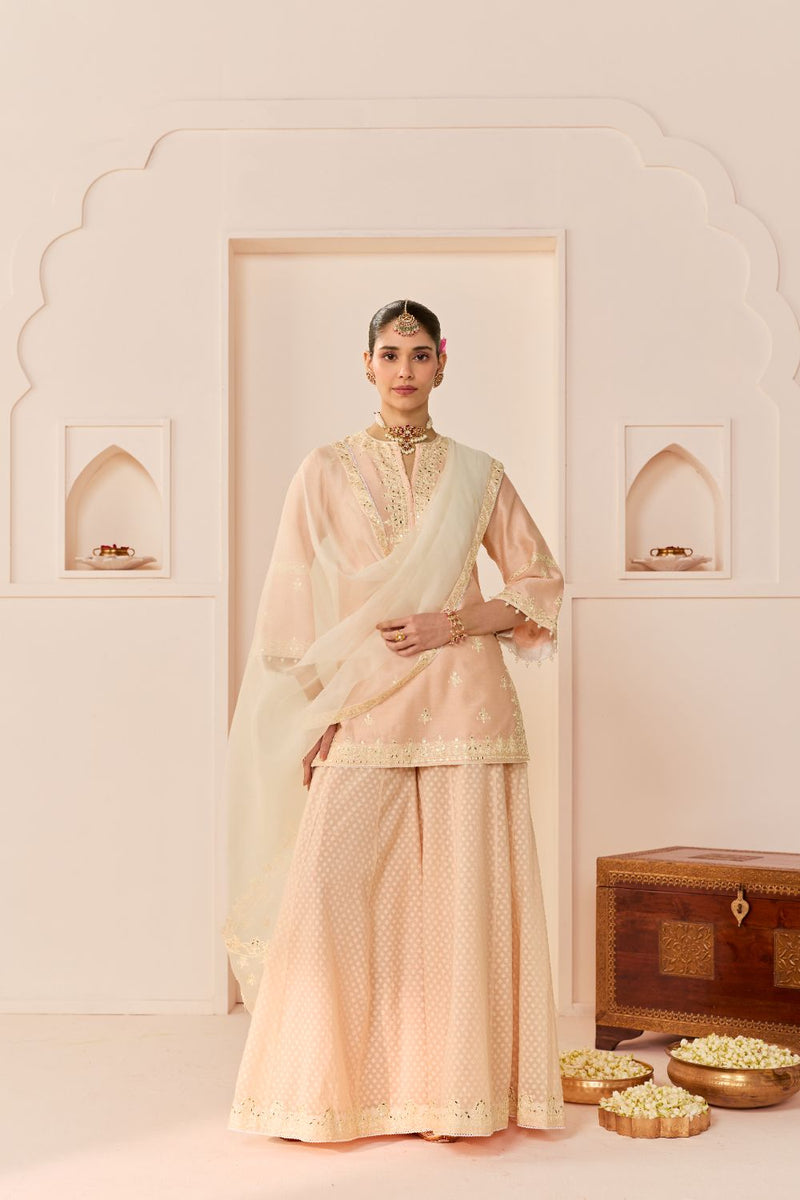 YASNEEN - CARNATION PINK SHORT KURTA WITH GARARA AND DUPATTA chanderi silk kurta/kurta set by SHEETAL BATRA in carnation pink with daisy ivory for women Worldwide