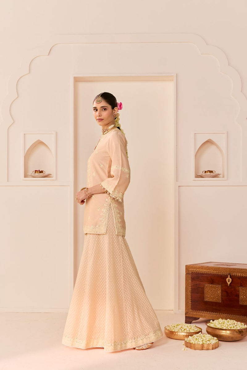 REHMA - CARNATION PINK SHORT KURTA WITH SHARARA AND DUPATTA chanderi silk kurta/kurta set by SHEETAL BATRA in carnation pink with daisy ivory for women Worldwide