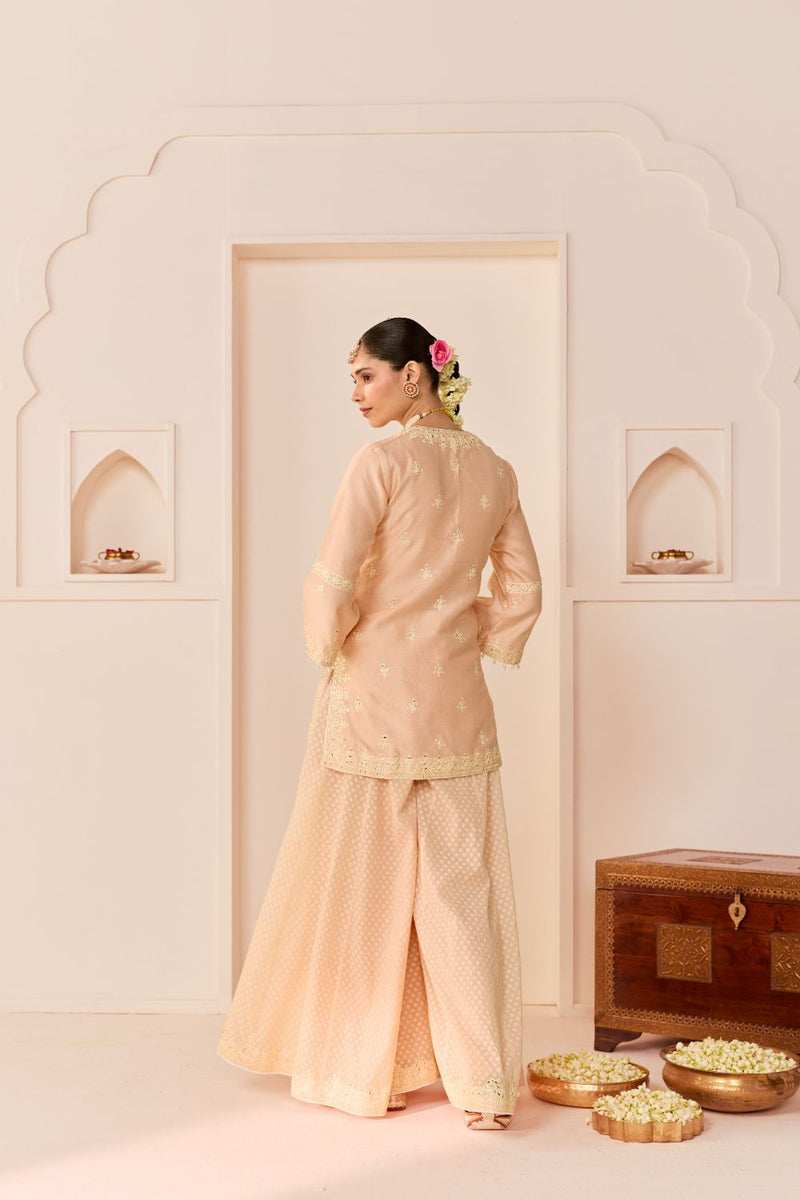 YASNEEN - CARNATION PINK SHORT KURTA WITH GARARA AND DUPATTA chanderi silk kurta/kurta set by SHEETAL BATRA in carnation pink with daisy ivory for women Worldwide
