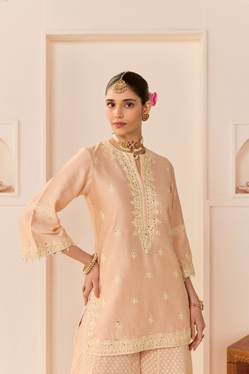 YASNEEN - CARNATION PINK SHORT KURTA WITH GARARA AND DUPATTA chanderi silk kurta/kurta set by SHEETAL BATRA in carnation pink with daisy ivory for women Worldwide