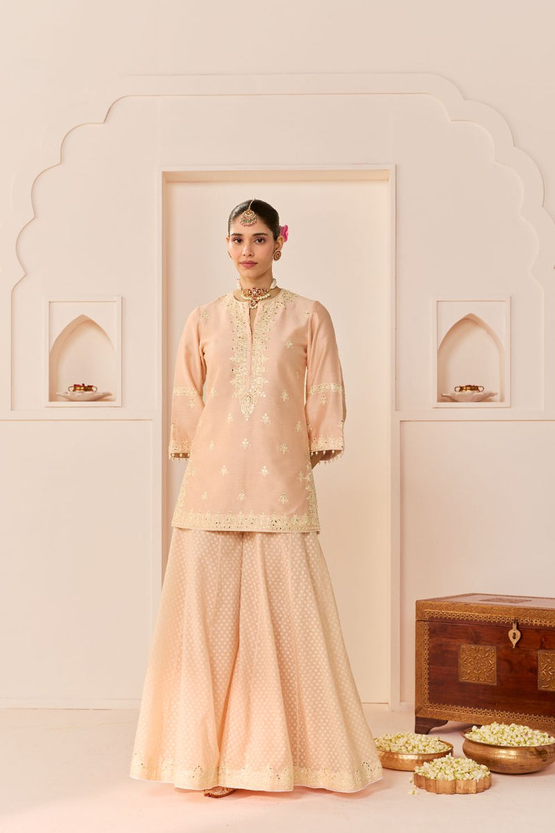 YASNEEN - CARNATION PINK SHORT KURTA WITH GARARA AND DUPATTA chanderi silk kurta/kurta set by SHEETAL BATRA in carnation pink with daisy ivory for women Worldwide