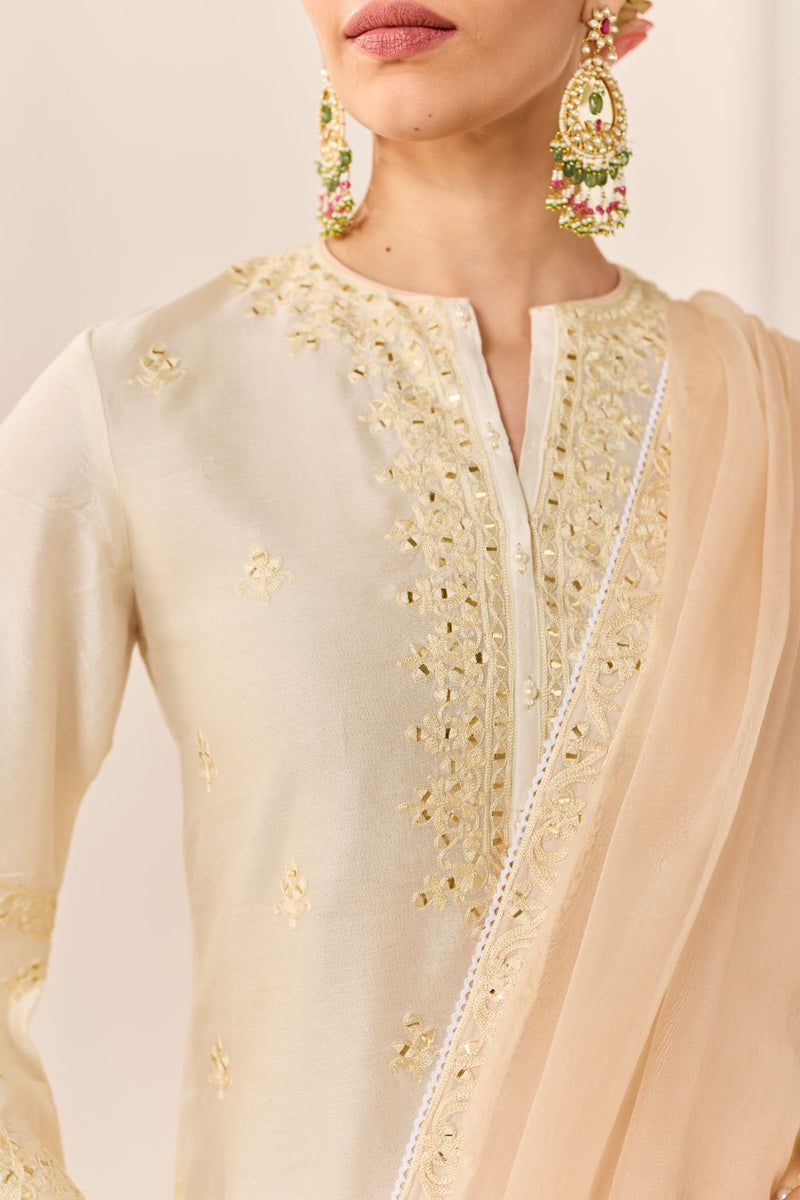REHMA -DAISY IVORY SHORT KURTA WITH SHARARA AND DUPATTA chanderi silk kurta/kurta set by SHEETAL BATRA in daisy ivory with carnation pink for women Worldwide