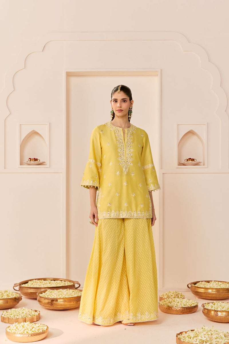 REHMA - LEMON YELLOW SHORT KURTA WITH SHARARA AND DUPATTA chanderi silk kurta/kurta set by SHEETAL BATRA in lemon yellow with mint green for women Worldwide