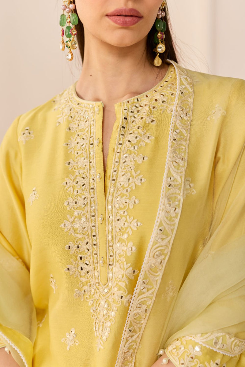 REHMA - LEMON YELLOW SHORT KURTA WITH SHARARA AND DUPATTA chanderi silk kurta/kurta set by SHEETAL BATRA in lemon yellow with mint green for women Worldwide