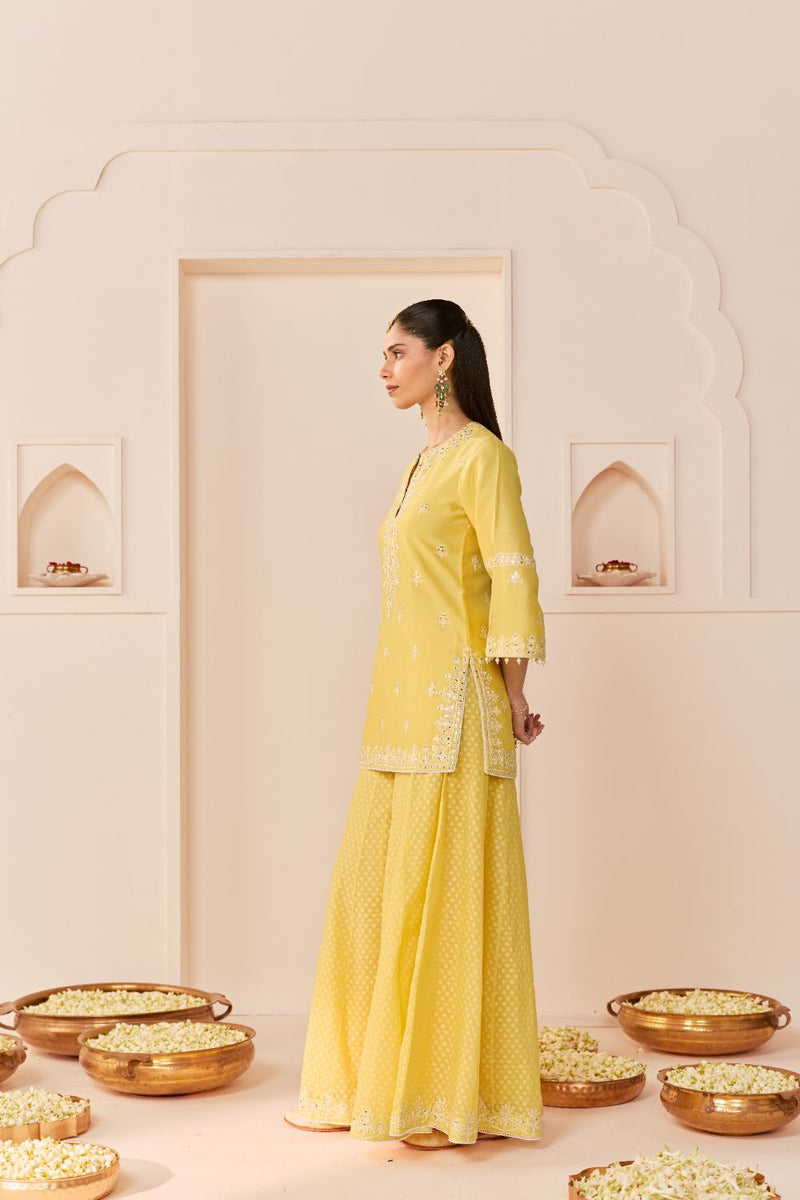 REHMA - LEMON YELLOW SHORT KURTA WITH SHARARA AND DUPATTA chanderi silk kurta/kurta set by SHEETAL BATRA in lemon yellow with mint green for women Worldwide
