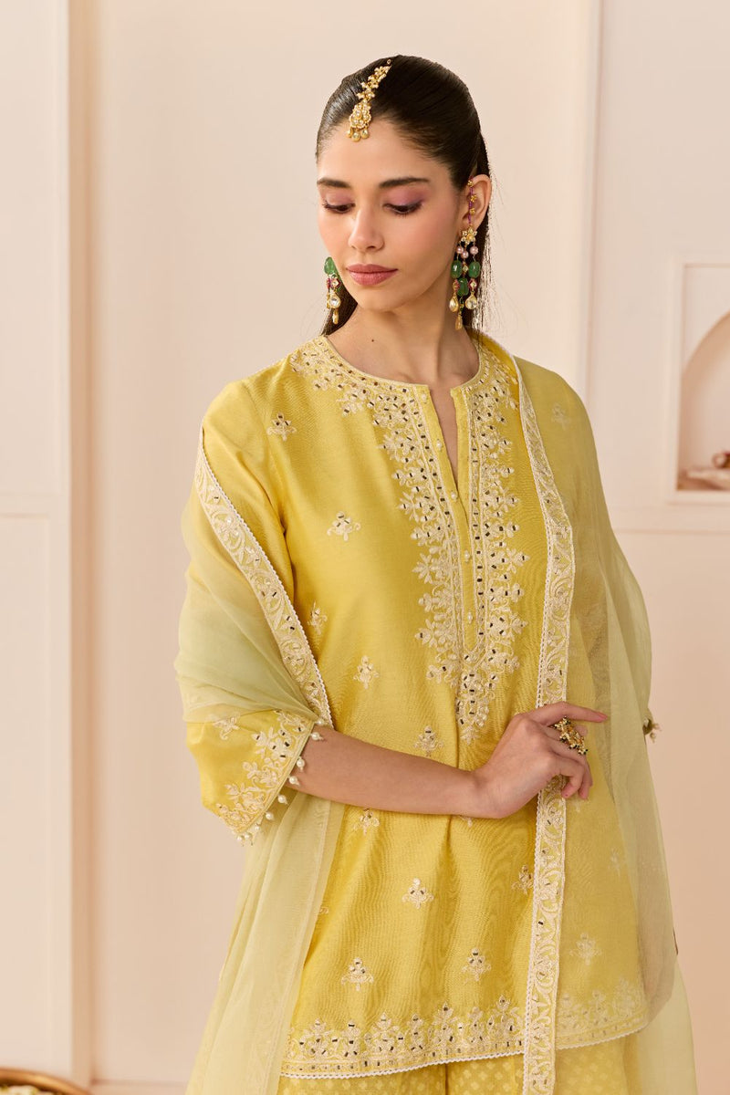 REHMA - LEMON YELLOW SHORT KURTA WITH SHARARA AND DUPATTA chanderi silk kurta/kurta set by SHEETAL BATRA in lemon yellow with mint green for women Worldwide