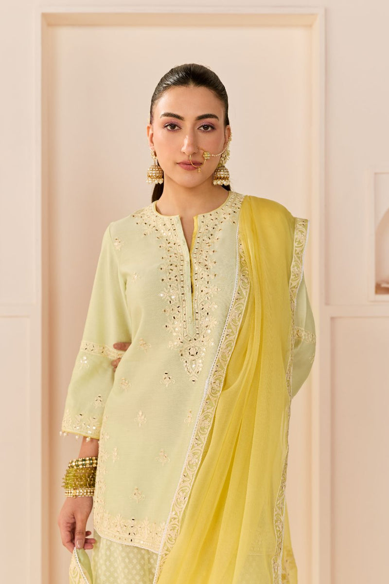 REHMA - MINT GREEN SHORT KURTA WITH SHARARA AND DUPATTA chanderi silk kurta/kurta set by SHEETAL BATRA in mint green with lemon yellow for women Worldwide