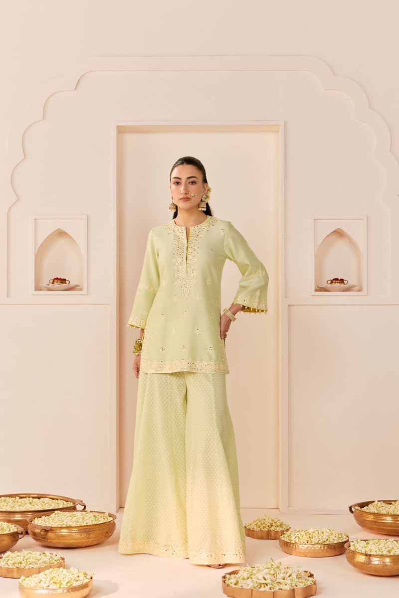 REHMA - MINT GREEN SHORT KURTA WITH SHARARA AND DUPATTA chanderi silk kurta/kurta set by SHEETAL BATRA in mint green with lemon yellow for women Worldwide