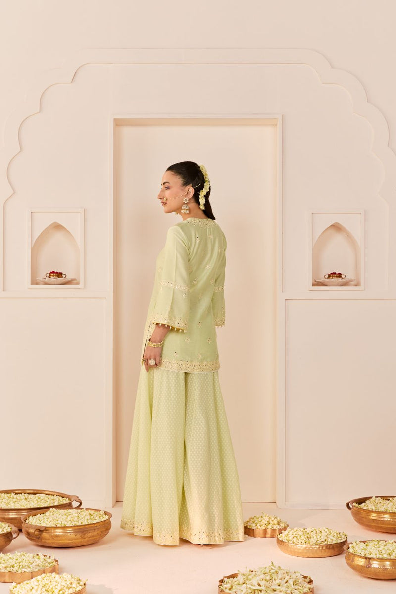 REHMA - MINT GREEN SHORT KURTA WITH SHARARA AND DUPATTA chanderi silk kurta/kurta set by SHEETAL BATRA in mint green with lemon yellow for women Worldwide
