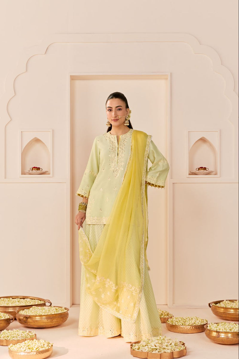 REHMA - MINT GREEN SHORT KURTA WITH SHARARA AND DUPATTA chanderi silk kurta/kurta set by SHEETAL BATRA in mint green with lemon yellow for women Worldwide