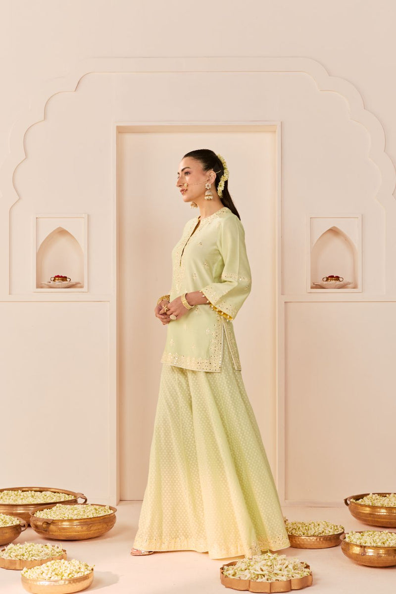 REHMA - MINT GREEN SHORT KURTA WITH SHARARA AND DUPATTA chanderi silk kurta/kurta set by SHEETAL BATRA in mint green with lemon yellow for women Worldwide