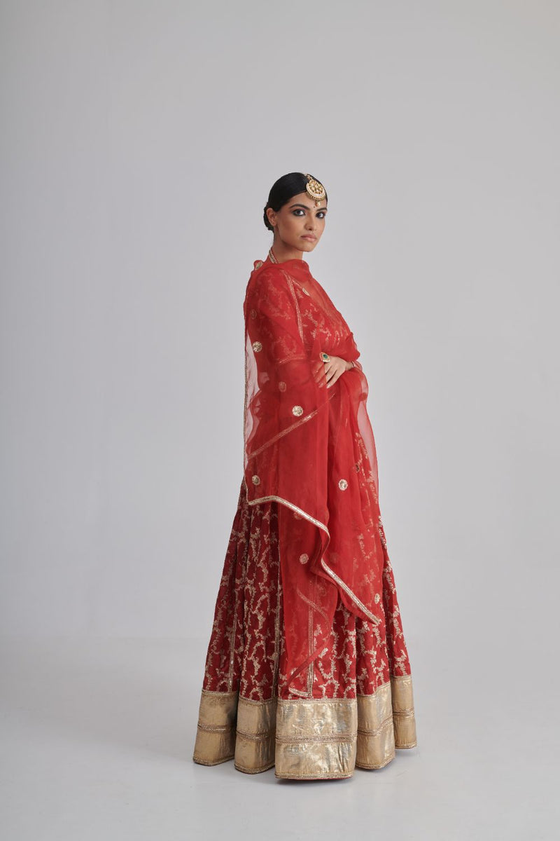 REHMAT & VASL LEHENGA & BLOUSE silk by Rashika Mittal in red color for women Worldwide