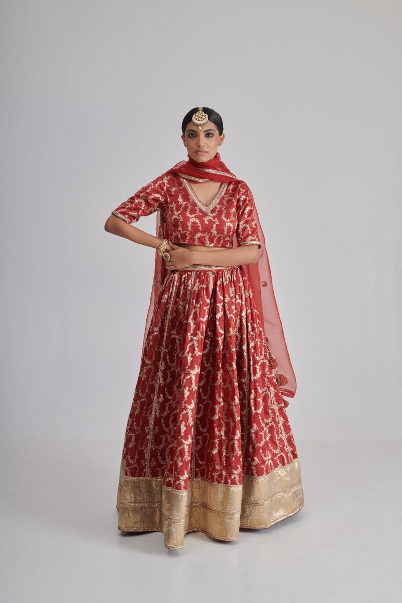 REHMAT & VASL LEHENGA & BLOUSE silk by Rashika Mittal in red color for women Worldwide