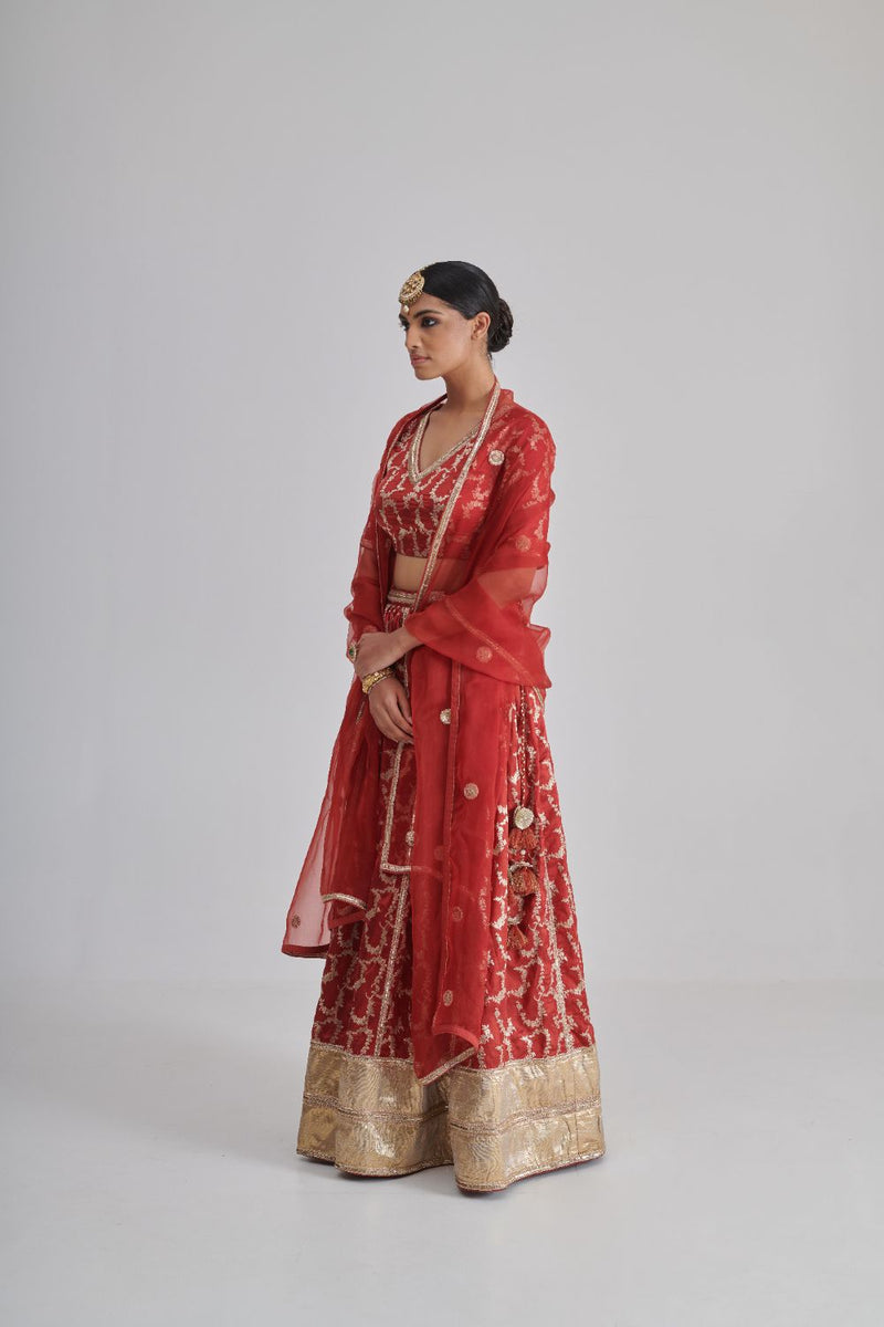 REHMAT & VASL LEHENGA & BLOUSE silk by Rashika Mittal in red color for women Worldwide
