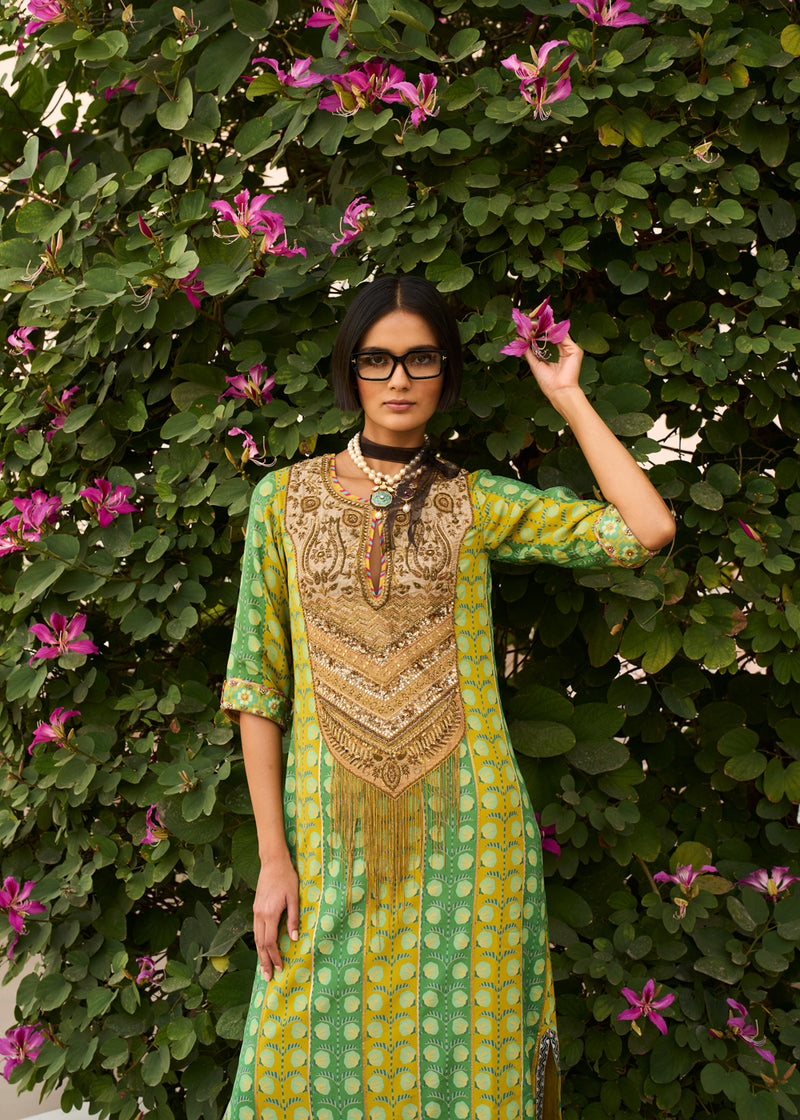 Retro Raani Tissue Yoke Printed Kaftan Dress crepe dress by Rajiramniq in lime yellow for women Worldwide