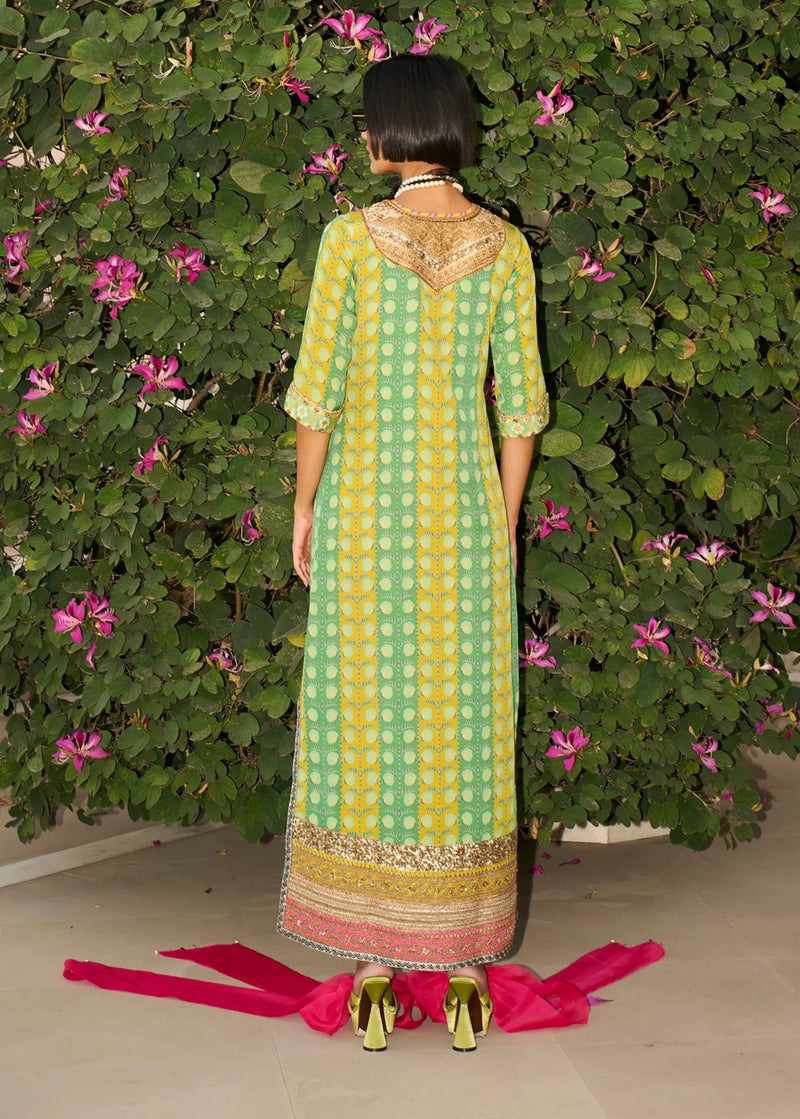 Retro Raani Tissue Yoke Printed Kaftan Dress crepe dress by Rajiramniq in lime yellow for women Worldwide
