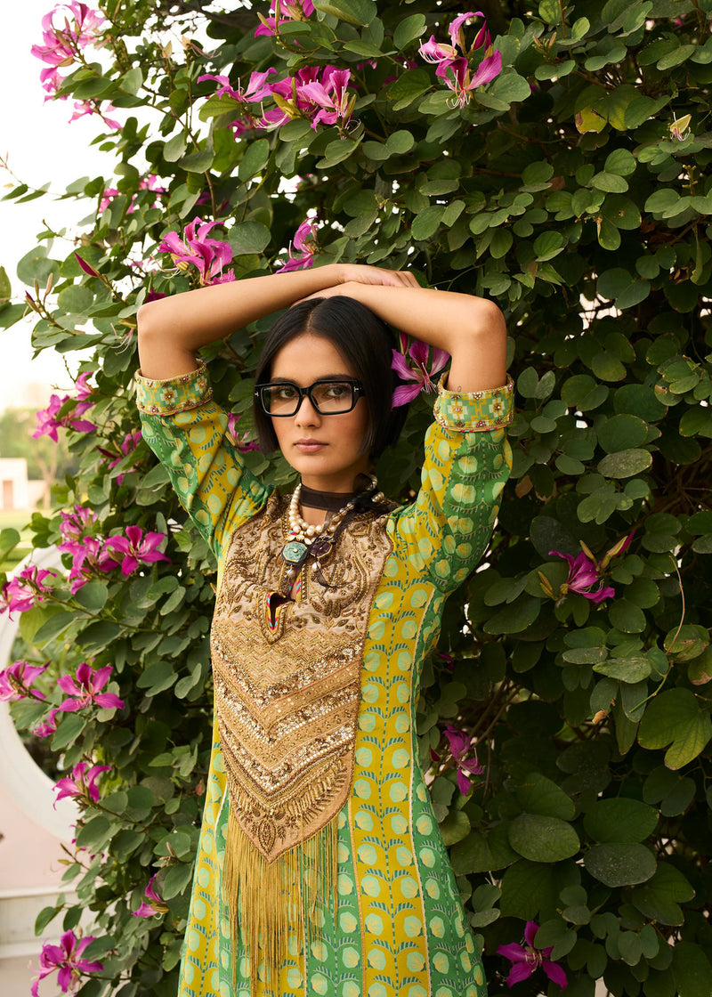 Retro Raani Tissue Yoke Printed Kaftan Dress crepe dress by Rajiramniq in lime yellow for women Worldwide