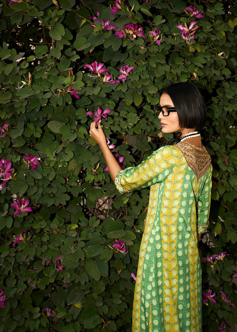 Retro Raani Tissue Yoke Printed Kaftan Dress crepe dress by Rajiramniq in lime yellow for women Worldwide