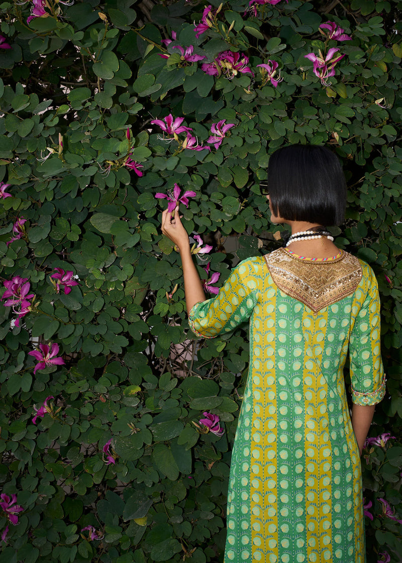Retro Raani Tissue Yoke Printed Kaftan Dress crepe dress by Rajiramniq in lime yellow for women Worldwide