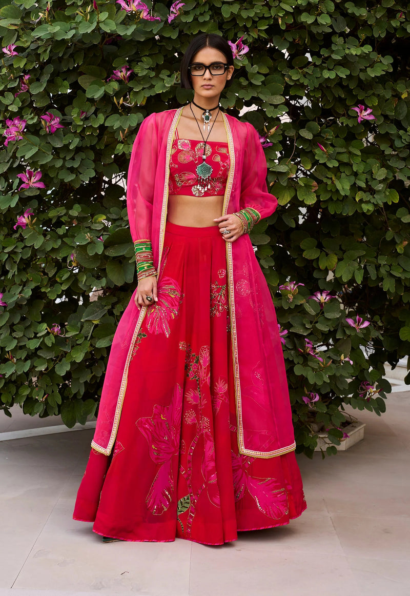 Retro Raani Red- Raani Pink Jacket Lehenga Set crepe, silk organza lehenga sets by in red-raani pink for women Worldwide