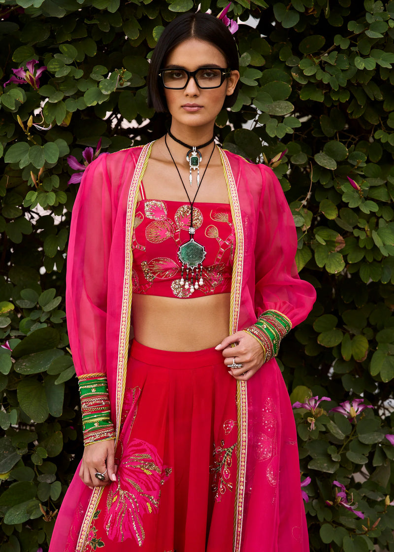 Retro Raani Red- Raani Pink Jacket Lehenga Set crepe, silk organza lehenga sets by in red-raani pink for women Worldwide