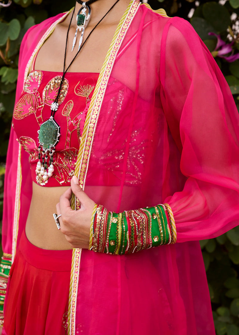 Retro Raani Red- Raani Pink Jacket Lehenga Set crepe, silk organza lehenga sets by in red-raani pink for women Worldwide