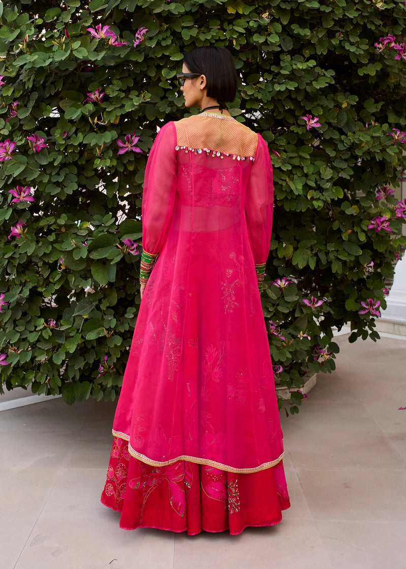 Retro Raani Red- Raani Pink Jacket Lehenga Set crepe, silk organza lehenga sets by in red-raani pink for women Worldwide