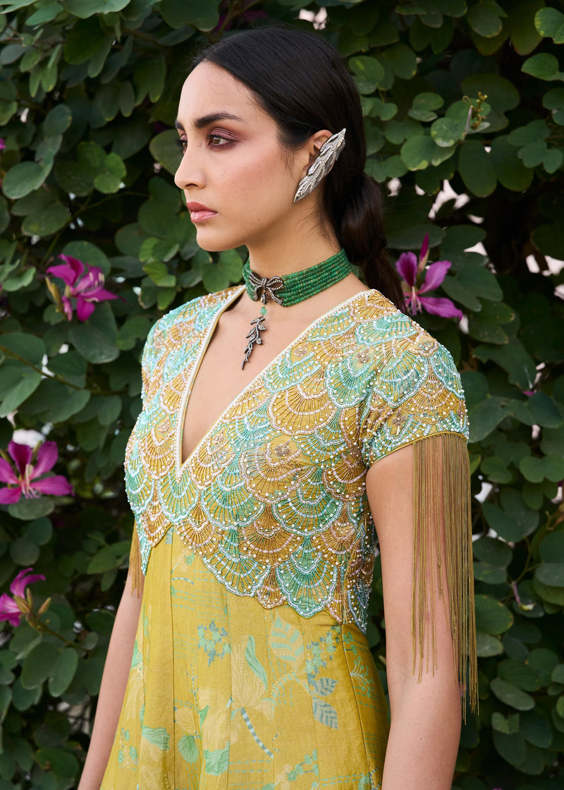 Retro Raani Yellow Sage Tissue Anarkali silk tissue kurta/kurta set by in lime yellow for women Worldwide