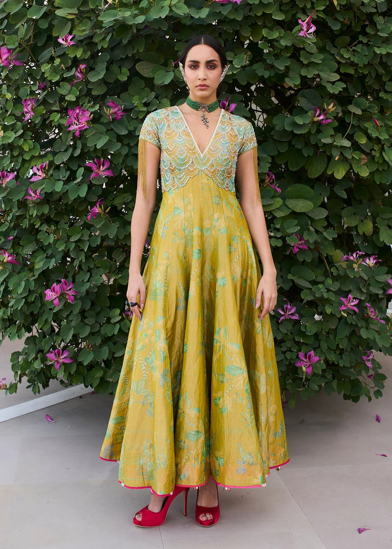 Retro Raani Yellow Sage Tissue Anarkali silk tissue kurta/kurta set by in lime yellow for women Worldwide