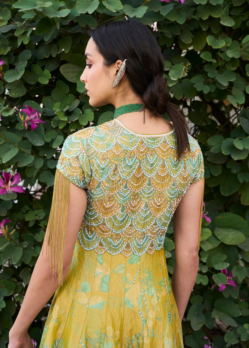 Retro Raani Yellow Sage Tissue Anarkali silk tissue kurta/kurta set by in lime yellow for women Worldwide